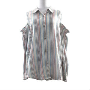 Simply Noelle Cream Blue Striped Button Front Shirt Womens L XL Cold Shoulder